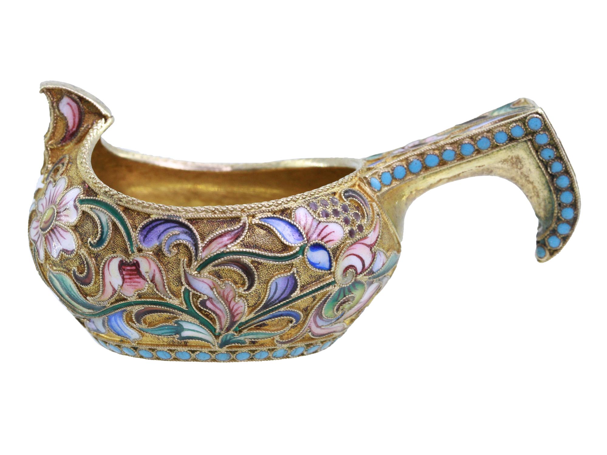 ANTIQUE RUSSIAN GILT SILVER CLOISONNE KOVSH LADLE PIC-3